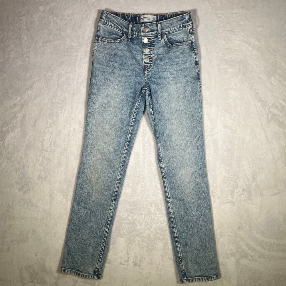 Abercrombie Jeans Girls 11/12 Long High Rise Straight Light Wash Faux Button Fly